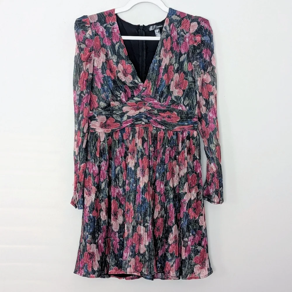 Aqua Long Sleeve Metallic FloralMulticolor Floral Dress Size M - Picture 3 of 7